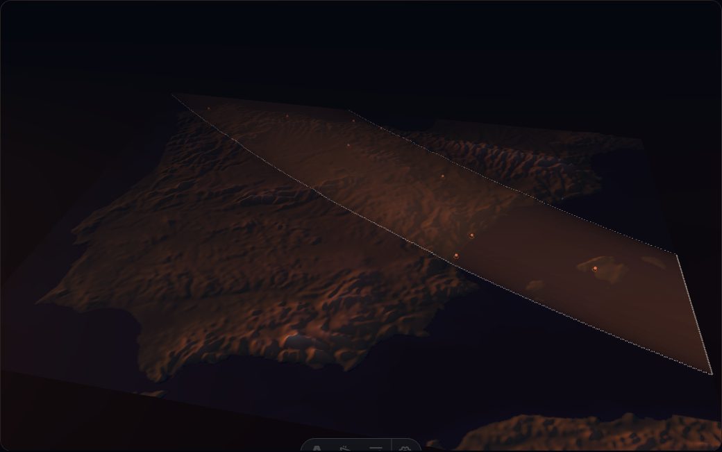 Interactive 3D map with the real terrain of Spain, the path of totality and the animated eclipse umbra